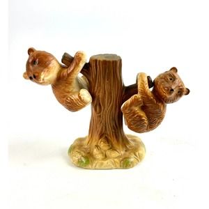 Vintage Kitschy Bear Cubs Salt And Pepper Shakers Cute Hanging On A Tree Design